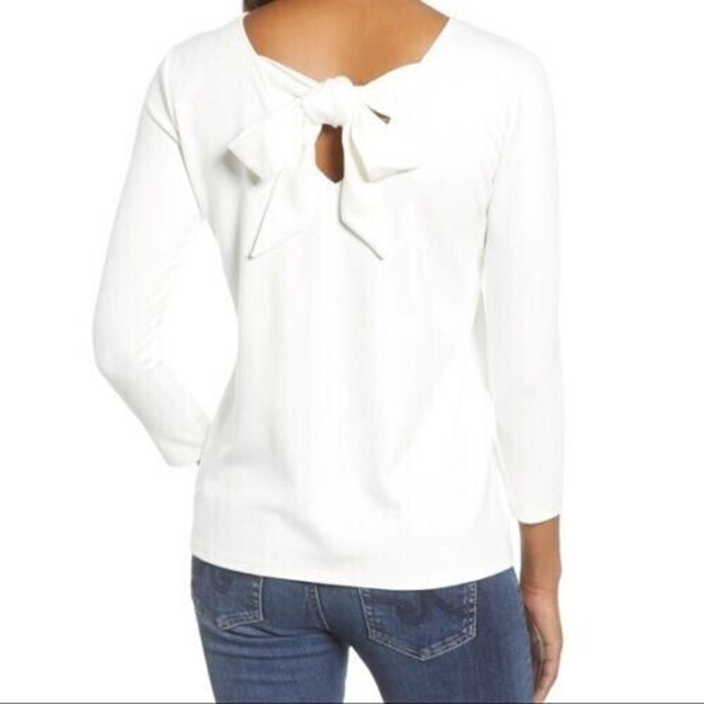 Gibson Petite Women's Baby Ponte Bow Back Long Sleeve Top In Ivory P2XS $64